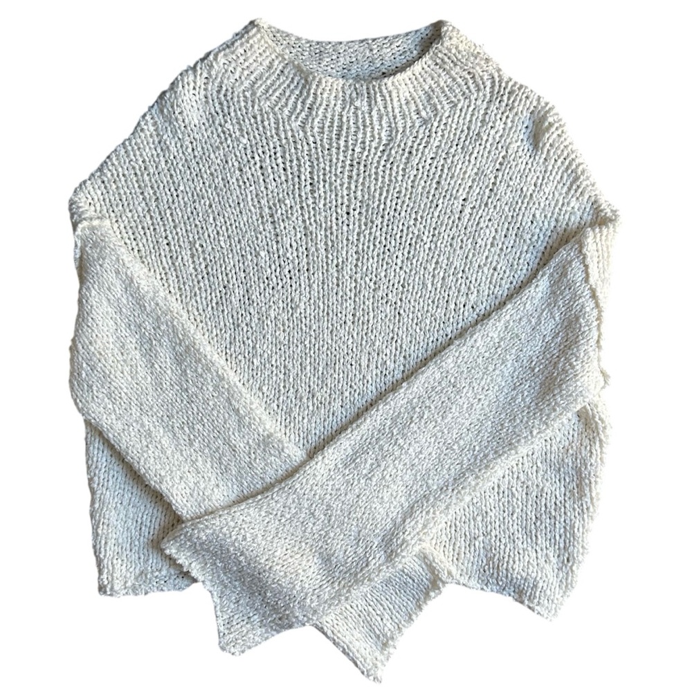 Anthropologie Women’s Cropped Mock Neck Sweater Size Large Cream Chunky Knit